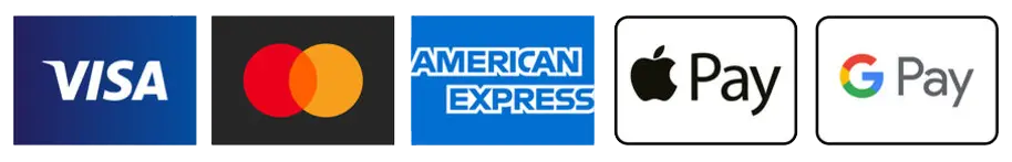 Accepted payment methods: Visa, Mastercard, American Express, Apple Pay and Google Pay