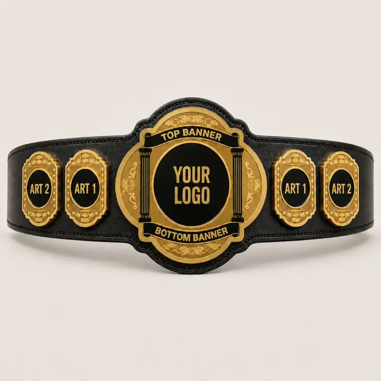 Prestige Emblem customizable championship belt template in Gold with a Black strap, showing banner, centre-logo and side-plate artwork placeholders.