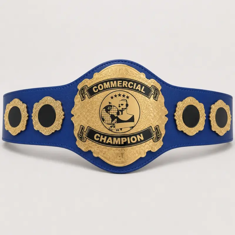 Global Executive Wrestling Championship Belt front view with gold five-plate design, globe-inspired centre artwork and blue strap.