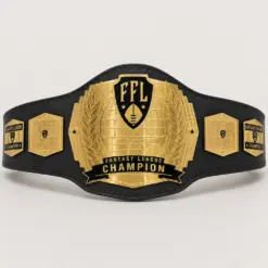 Gridiron Victory Wrestling Championship Belt front showcase with gold five-plate design, football-themed centre emblem and black strap.
