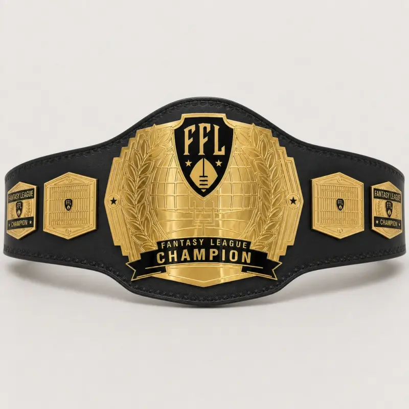 Gridiron Victory Wrestling Championship Belt front showcase with gold five-plate design, football-themed centre emblem and black strap.