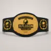 Globe Crown Wrestling Championship Belt front showcase with gold-and-black three-plate design, central globe artwork and black strap.