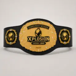 Globe Crown Wrestling Championship Belt front showcase with gold-and-black three-plate design, central globe artwork and black strap.