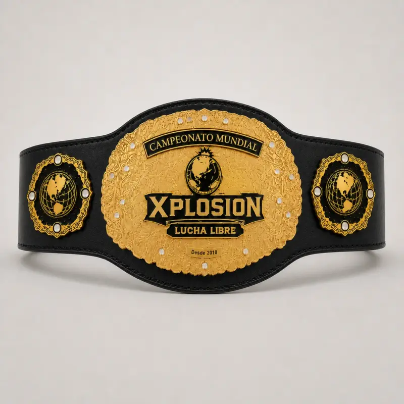 Globe Crown Wrestling Championship Belt front showcase with gold-and-black three-plate design, central globe artwork and black strap.