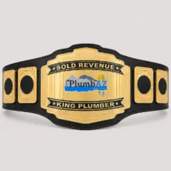 Desert Emblem Wrestling Championship Belt front showcase with gold-and-black five-plate design, state-shaped centre graphic and black strap.