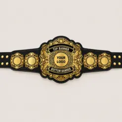 Baroque Medallion customizable championship belt in gold and black with ornate centre detailing, logo area and banner fields