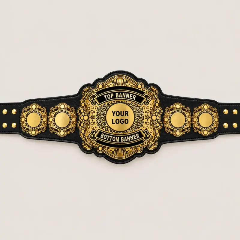 Baroque Medallion customizable championship belt in gold and black with ornate centre detailing, logo area and banner fields