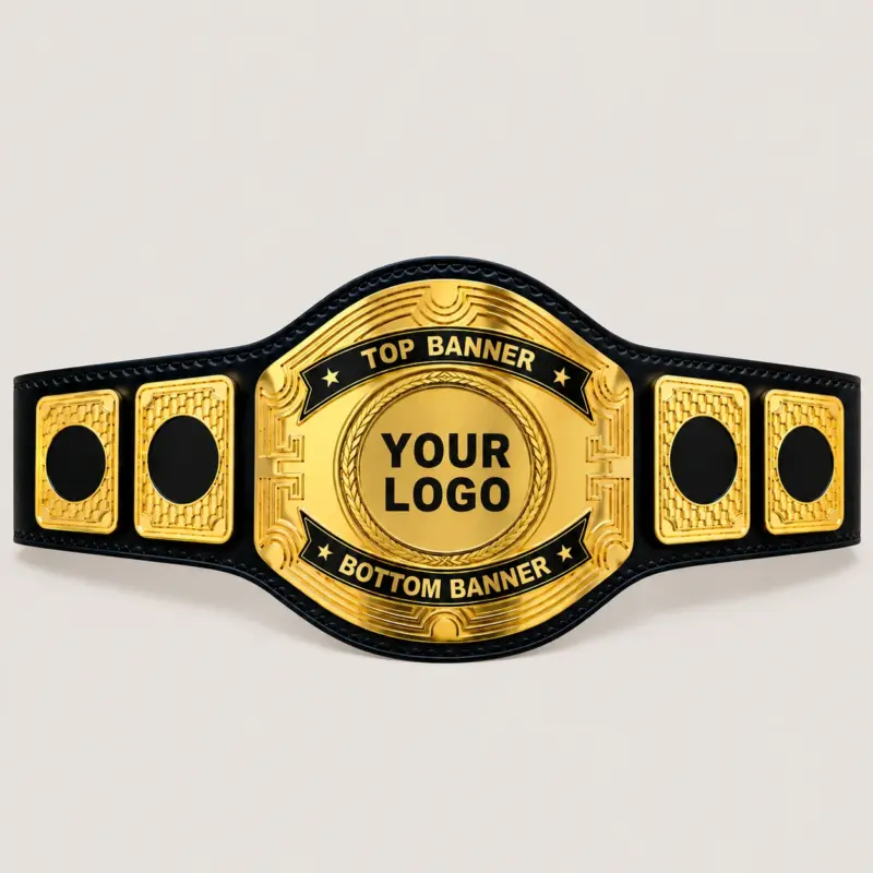 Classic Medallion customizable championship belt in gold and black with centre logo and custom banner areas