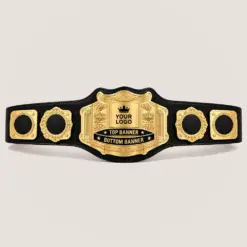 Crowned Citadel customizable championship belt in gold and black with centre logo and top and bottom banner areas
