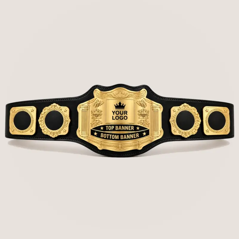 Crowned Citadel customizable championship belt in gold and black with centre logo and top and bottom banner areas
