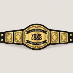 Deco Shield customizable championship belt in gold and black with centre logo and top and bottom banner areas