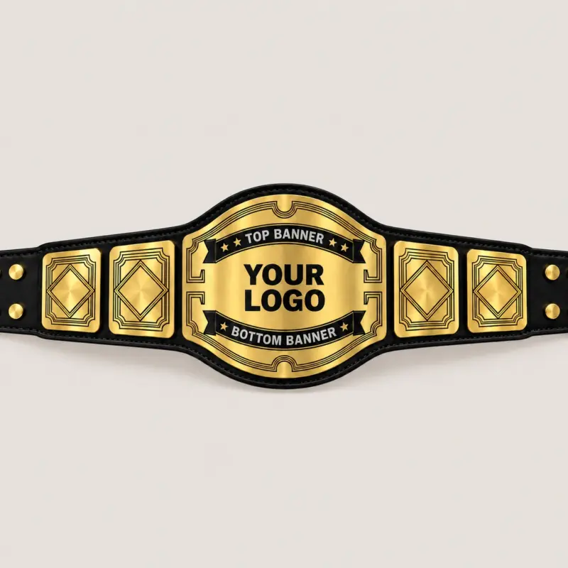 Deco Shield customizable championship belt in gold and black with centre logo and top and bottom banner areas
