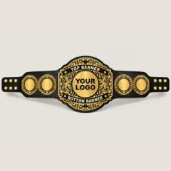 Filigree Halo customizable championship belt in gold and black with ornate fixed side plates and centre logo area