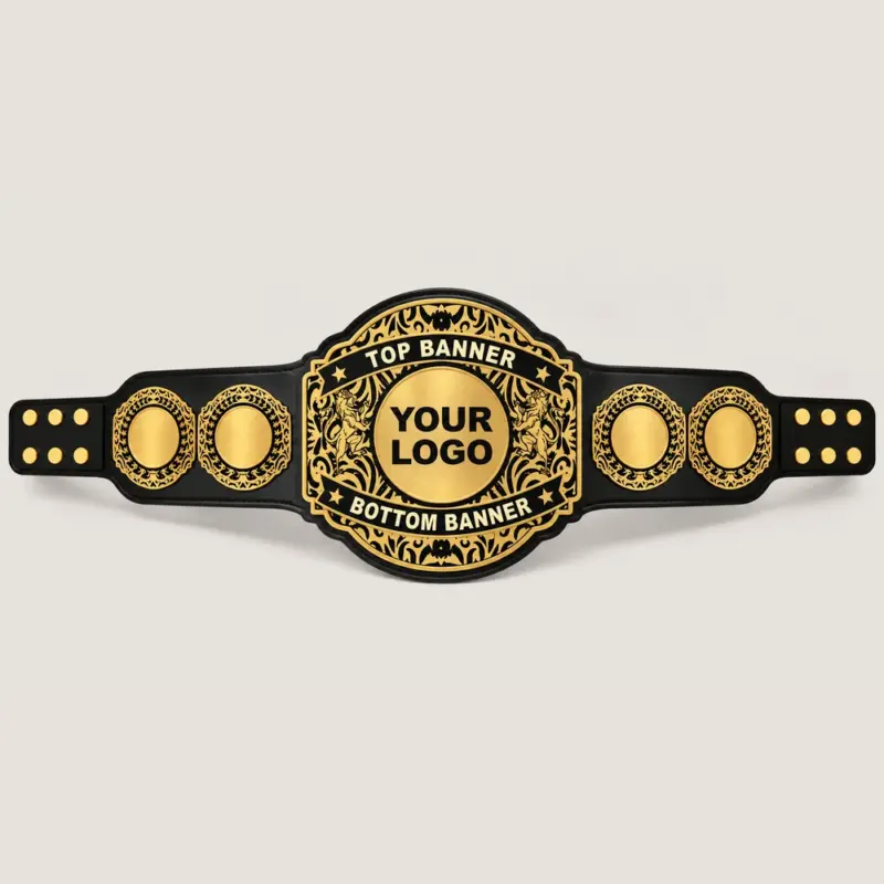 Filigree Halo customizable championship belt in gold and black with ornate fixed side plates and centre logo area