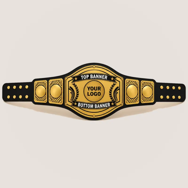 Laurel Frame customizable championship belt in gold and black with centre logo and top and bottom banner areas