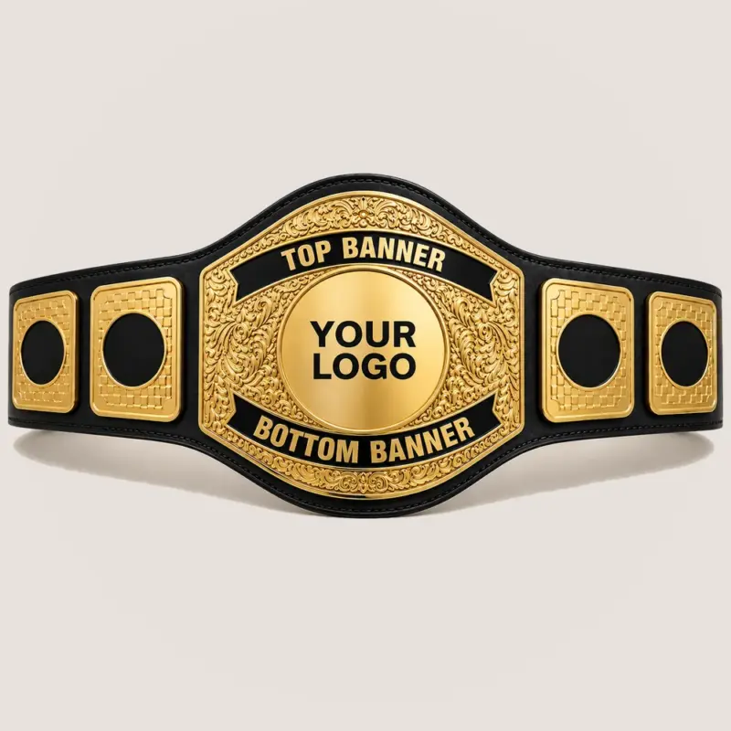 Ornate Scroll customizable championship belt in gold and black with centre logo and top and bottom banner areas