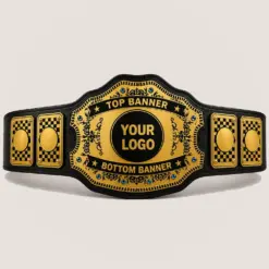 Sapphire Mosaic customizable championship belt in gold and black with circular centre logo area and top and bottom banner fields