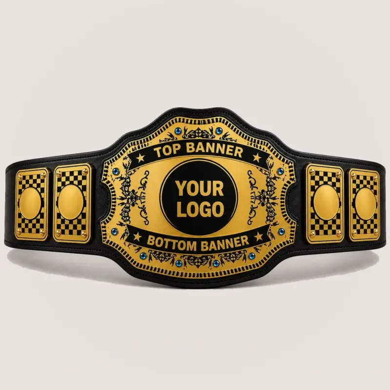 Sapphire Mosaic customizable championship belt in gold and black with circular centre logo area and top and bottom banner fields