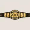 Twin Lion customizable championship belt in gold and black with lion detailing, centre logo area and banner fields