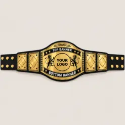 Twin Lion customizable championship belt in gold and black with lion detailing, centre logo area and banner fields