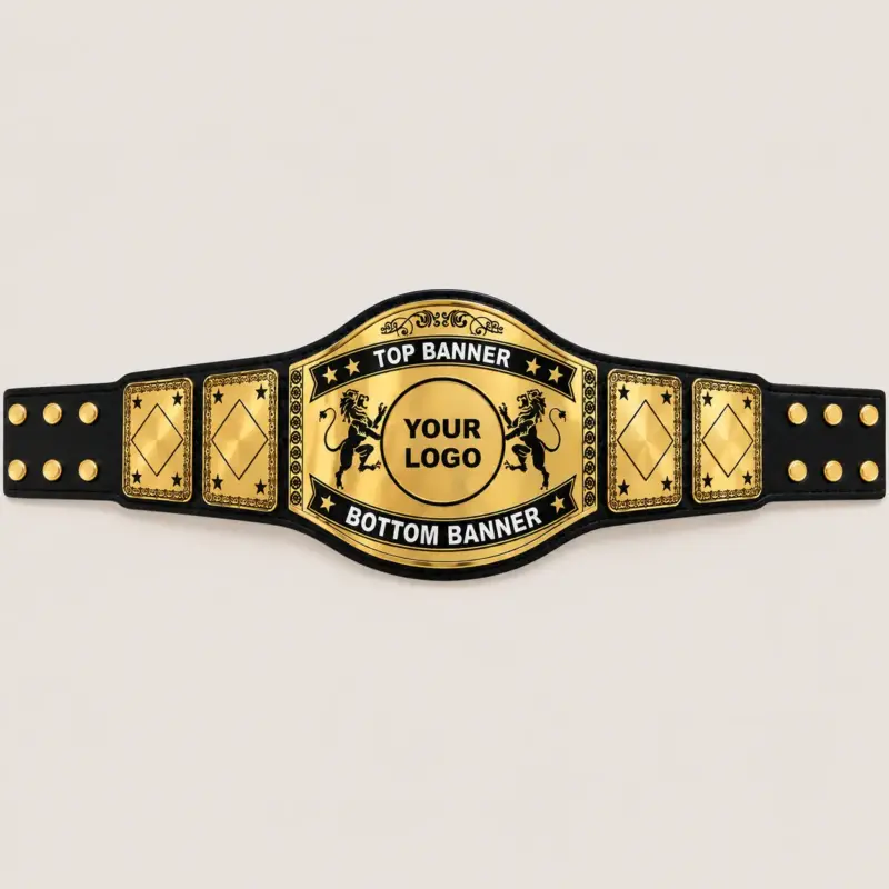 Twin Lion customizable championship belt in gold and black with lion detailing, centre logo area and banner fields