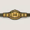 Winged Laurel customizable championship belt in gold and black with centre logo and top and bottom banner areas