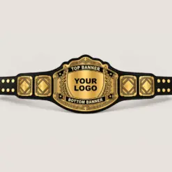 Winged Laurel customizable championship belt in gold and black with centre logo and top and bottom banner areas
