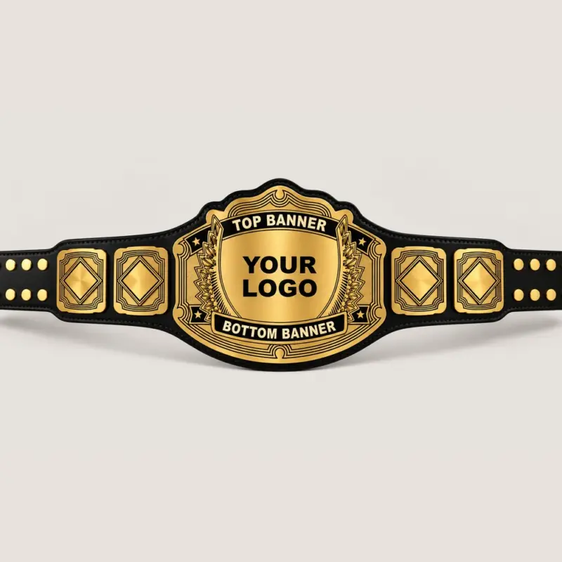 Winged Laurel customizable championship belt in gold and black with centre logo and top and bottom banner areas